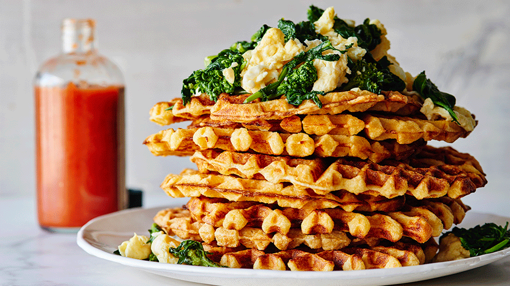 Cheddar Waffles with Garlicky Broccoli Rabe and Scrambled Eggs