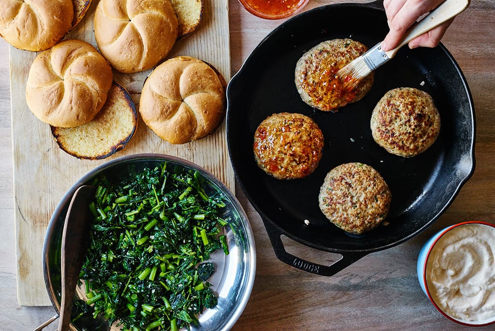 Broccoli Rabe Chicken Burger Prep
