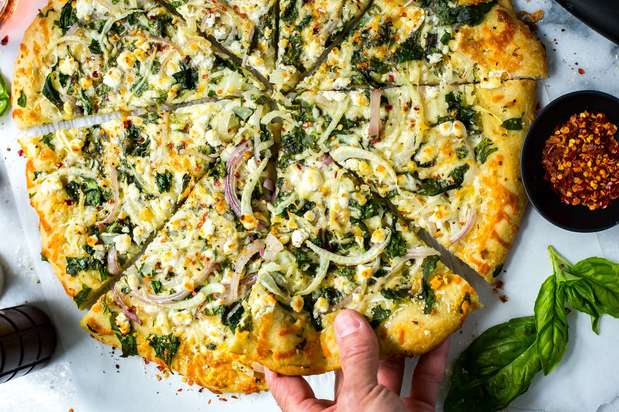 Spinach, Fennel and Goat Cheese Pizza