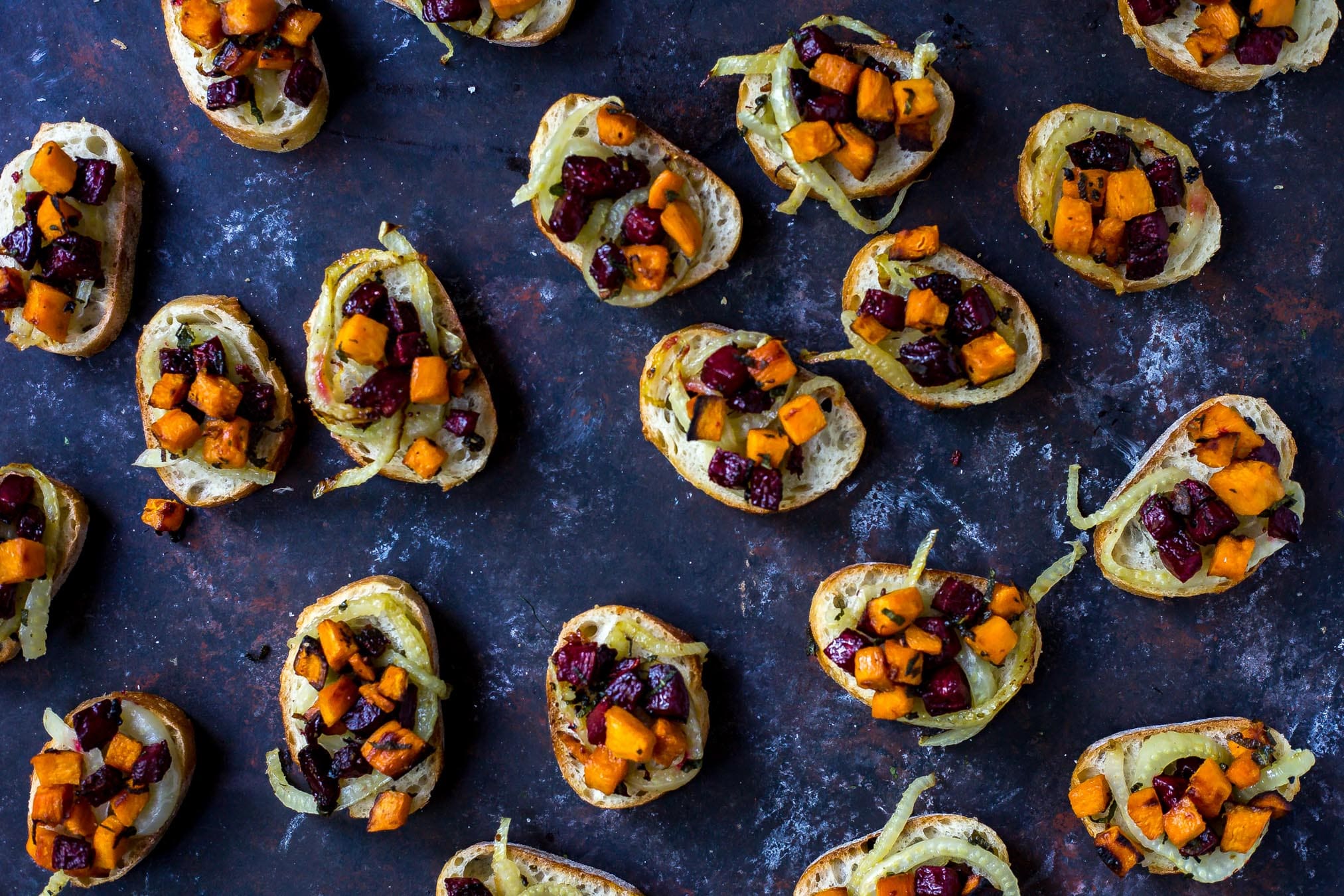 Beet, Fennel and Sweet Potato Crostini