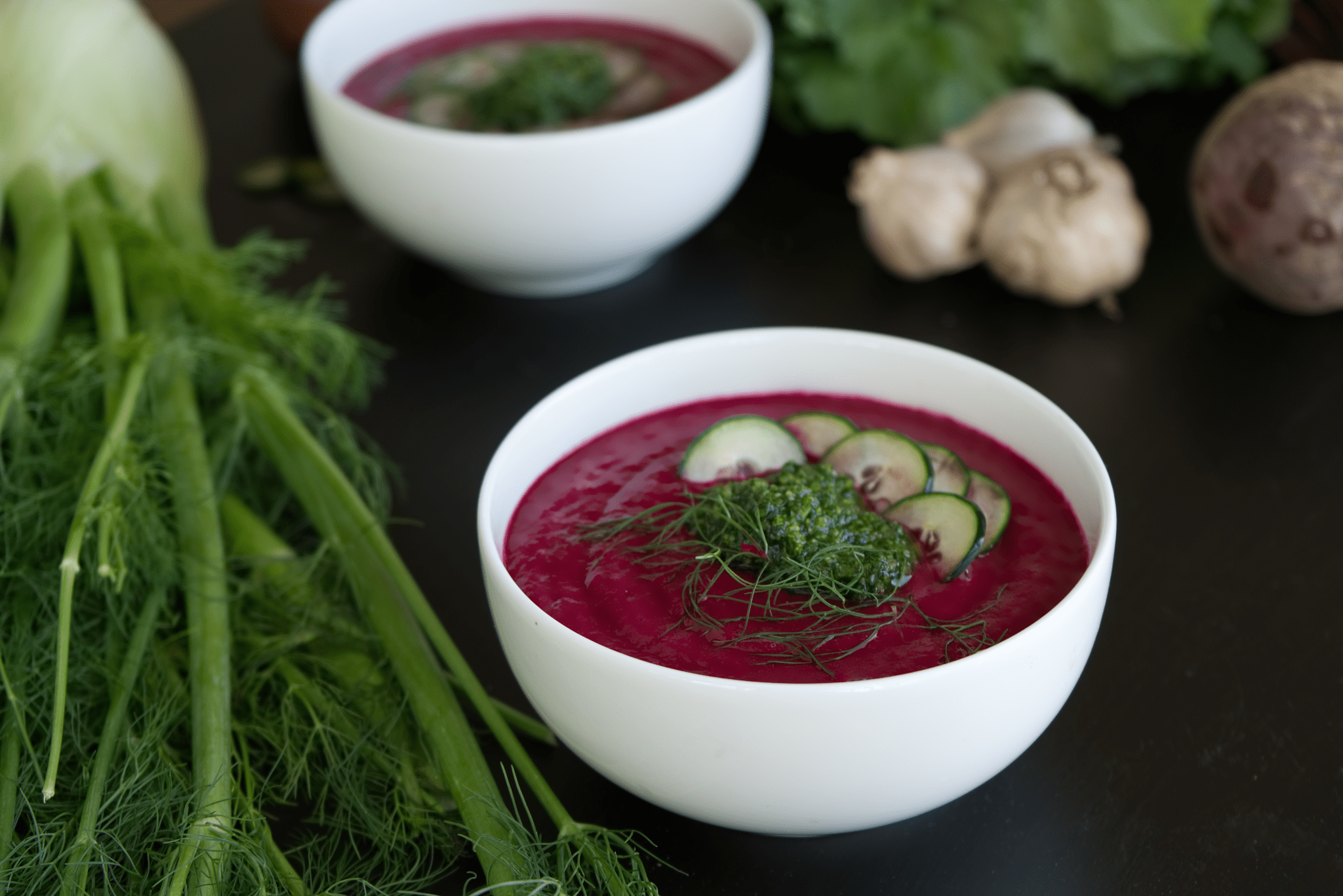 Beet and Fennel Gazpacho with Broccoli Rabe Pesto