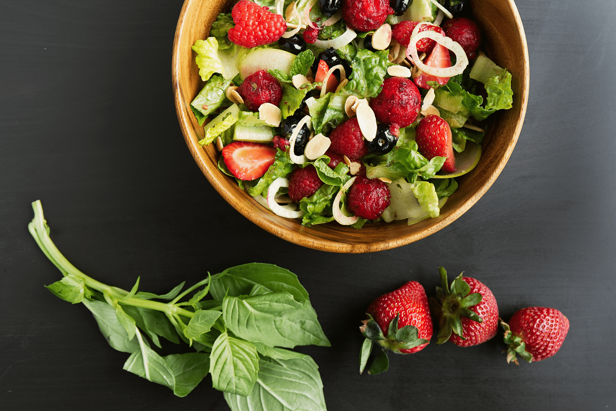 Romaine Salad with Cactus Pear, Mixed Berries, Fennel, Apple and Basil Vinaigrette