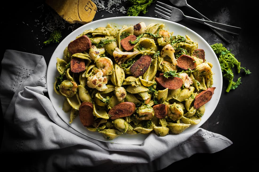 Spicy Veggie Sausage and Shrimp Pesto Conchiglie Salad with Broccoli Rabe