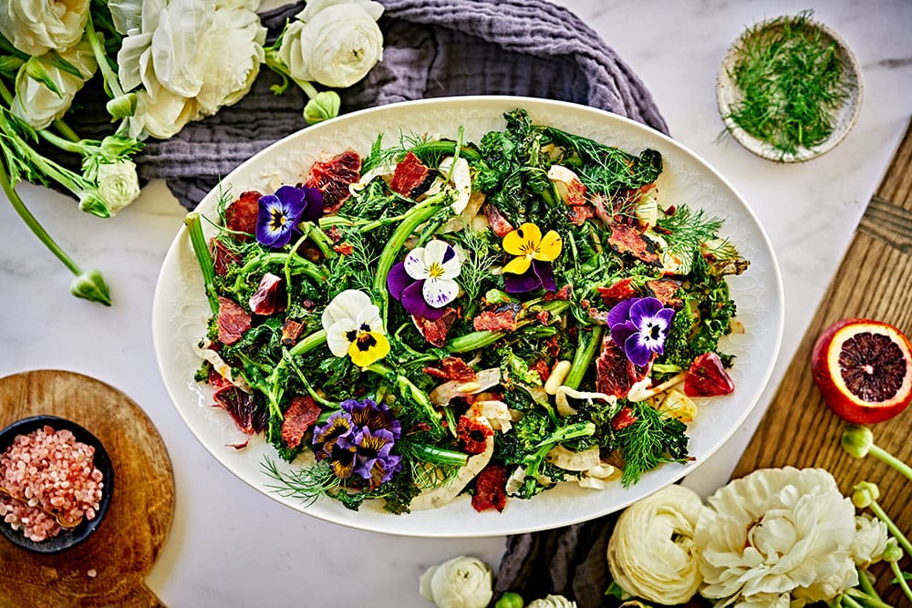 Garlic Roasted Broccoli Rabe with Turkey Bacon, Fennel, and Blood Orange