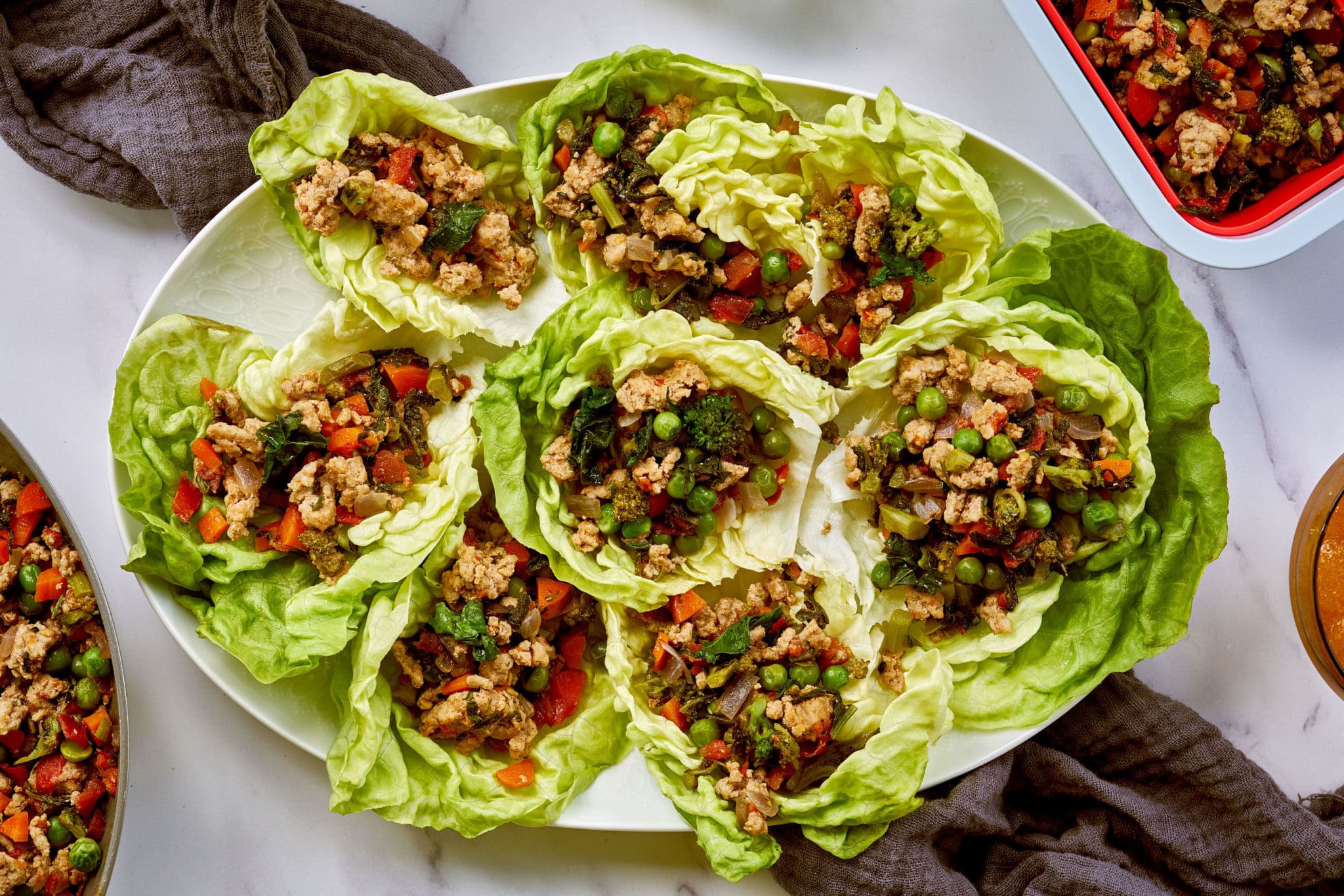 Turkey and Broccoli Rabe Lettuce Cups with Thai Chili Ginger and Sweet and Sour Dipping Sauces