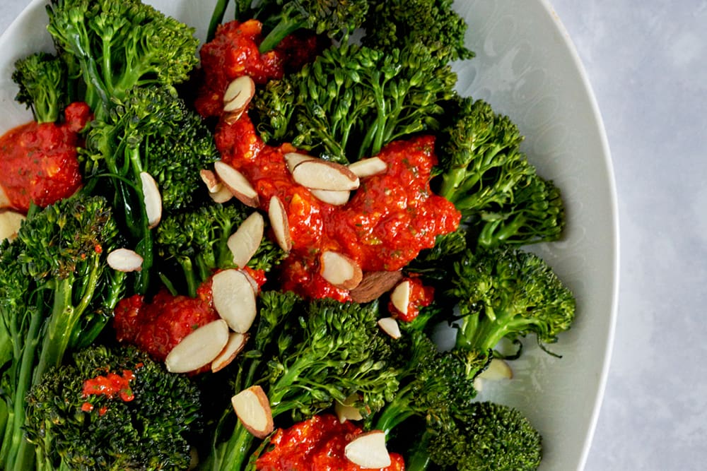 Roasted Sweet Baby Broccoli with Piquillo Pepper Romesco Sauce