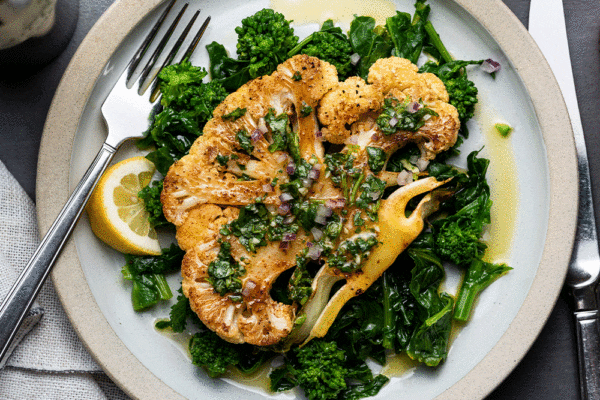 Cauliflower Steaks with Chimichurri and Broccoli Rabe